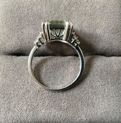 925 Green Amethyst & Zircon emerald cut & stepped shoulders ring R-R1/2 silver