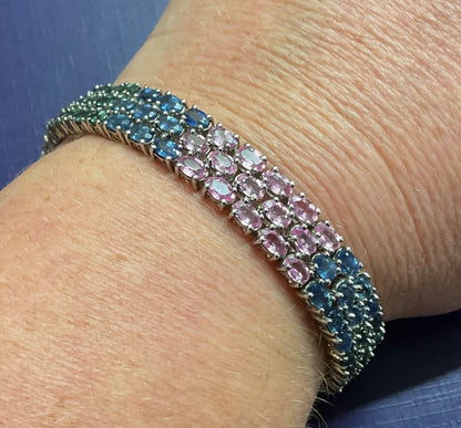 925 Rainbow Sapphire 3 row bracelet sterling silver TJC 19cm