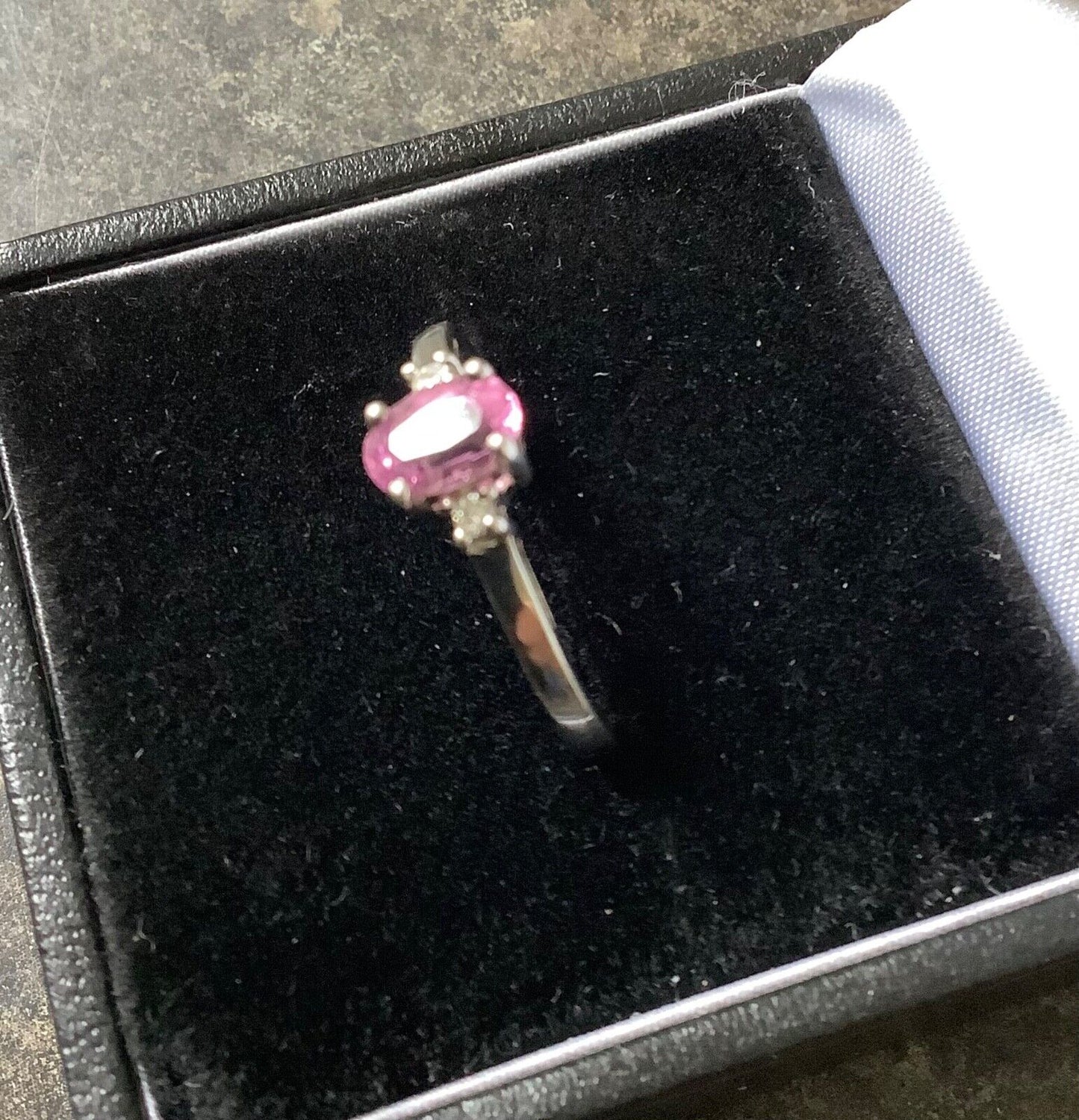 9ct Pink Cuprian Tourmaline and diamond ring size N-N1/2 white gold certificate