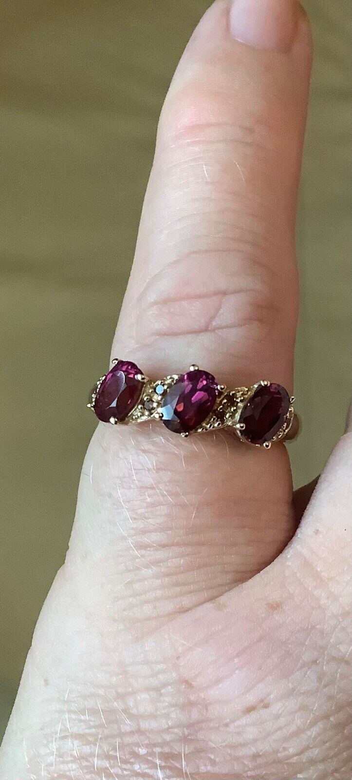 9ct rhodolite garnet and cognac diamond ring size N1/2 yellow gold