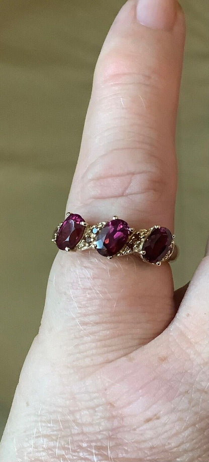 9ct rhodolite garnet and cognac diamond ring size N1/2 yellow gold
