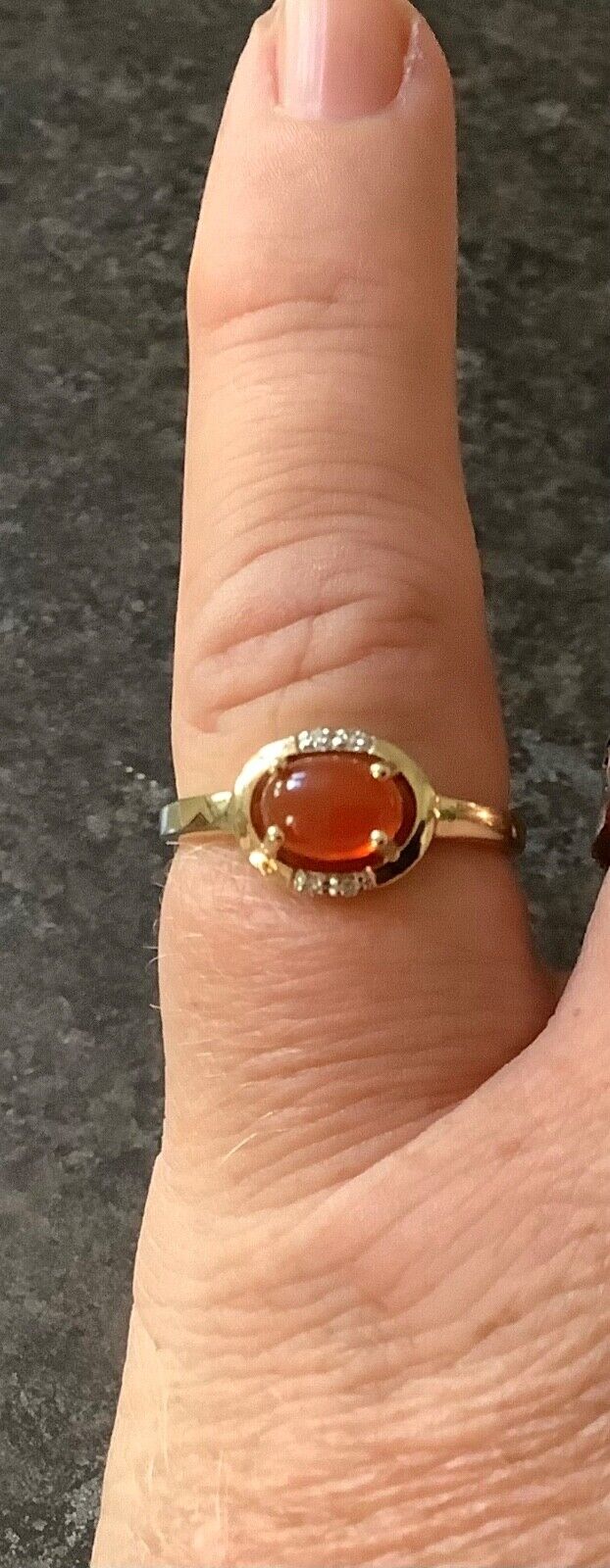 9ct fire opal cabochon and diamond ring size N1/2 yellow gold hallmarked