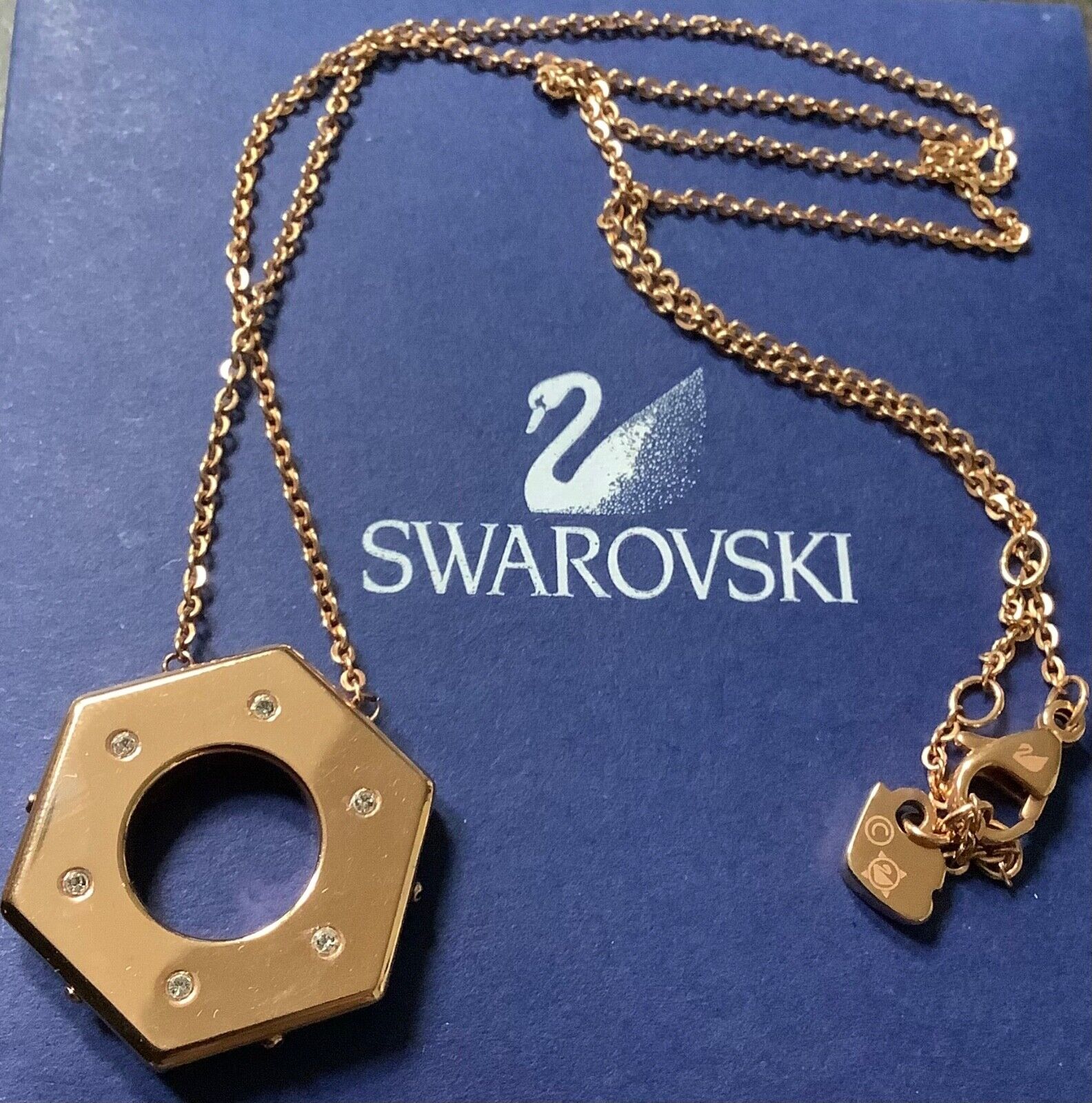 Swarovski crystal clear stone large hexagon gold tone pendant necklace