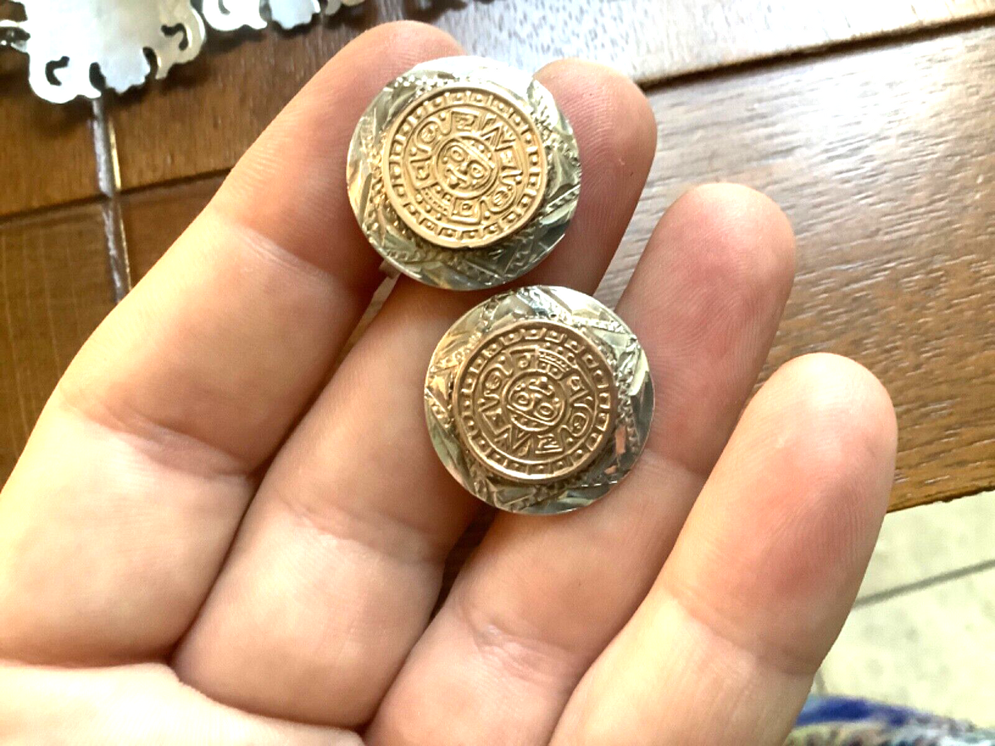 Mexico silver and gold shield design bracelet & screw back earrings set vintage