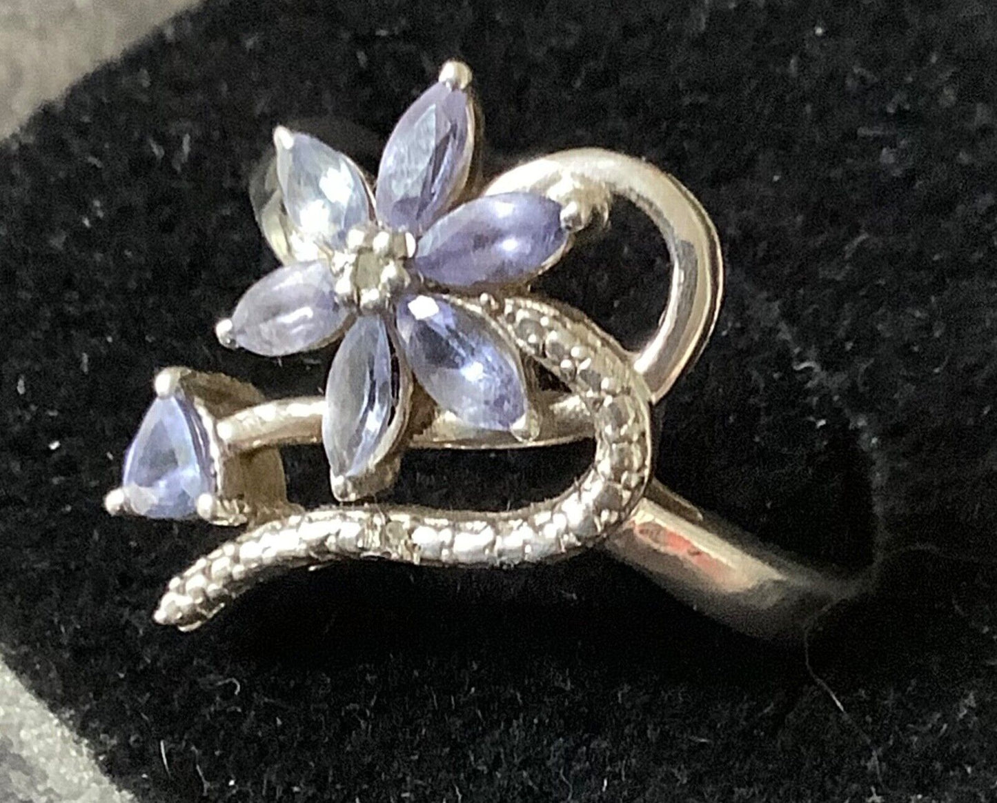 925 silver Natural tanzanite and diamond floral swirl ring size V