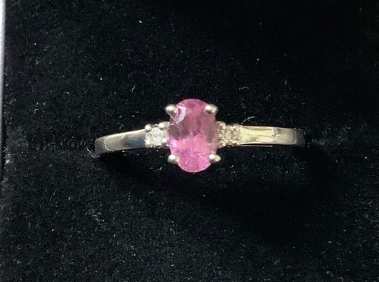 9ct Pink Cuprian Tourmaline and diamond ring size N-N1/2 white gold certificate