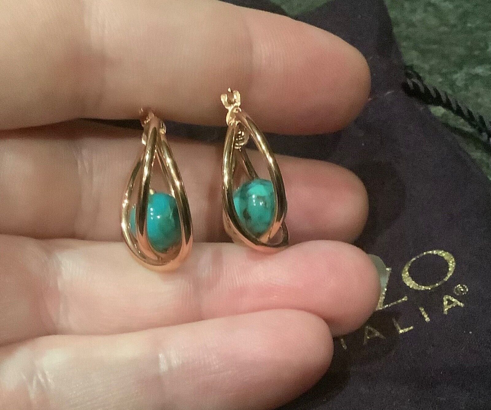 BRONZE MILOR ITALY turquoise colour stone cross over hoop earrings