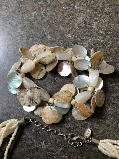 Multi strand shell necklace with shell bracelet and earrings set