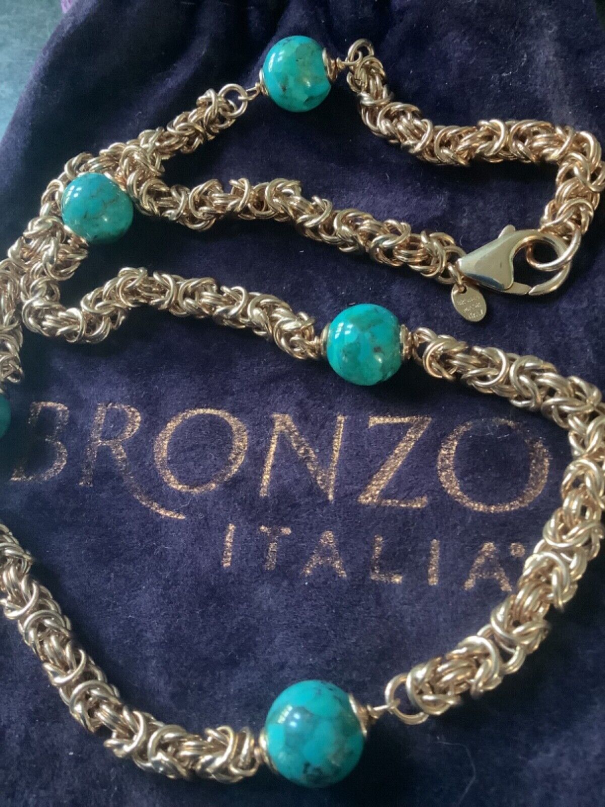 BRONZE MILOR ITALY turquoise colour bead byzantine rose gold tone necklace 19”