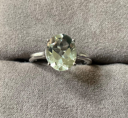 925 Green Amethyst large solitaire 12x9mm oval cut ring size Q sterling silver