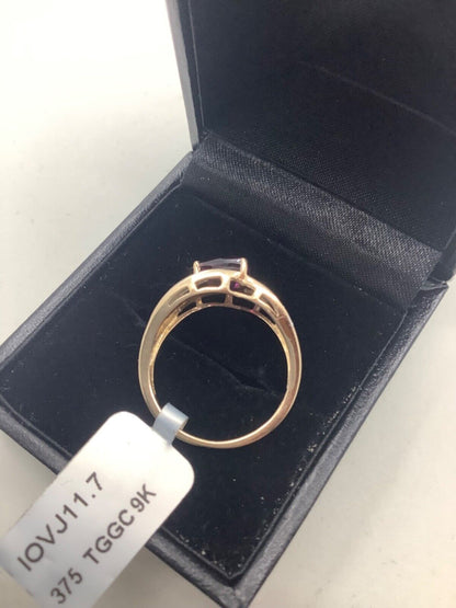 9ct natural rhodolite garnet & natural diamond yellow gold ring N1/2 hallmarked