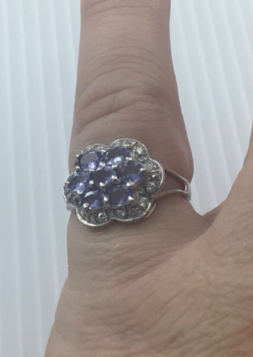 9ct tanzanite and natural diamond white gold halo cluster ring size M1/2