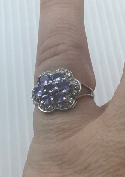 9ct tanzanite and natural diamond white gold halo cluster ring size M1/2