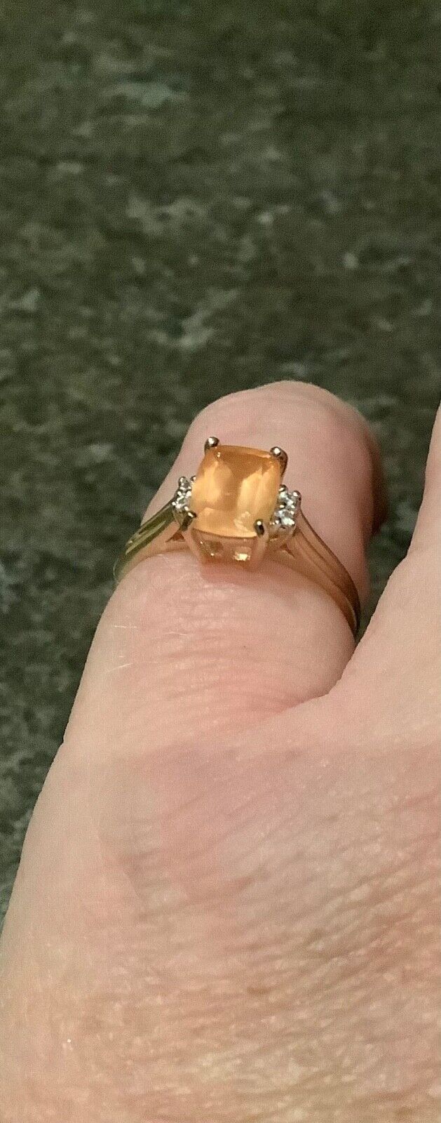 9ct pale orange gemstone ring with diamonds size N1/2 yellow gold