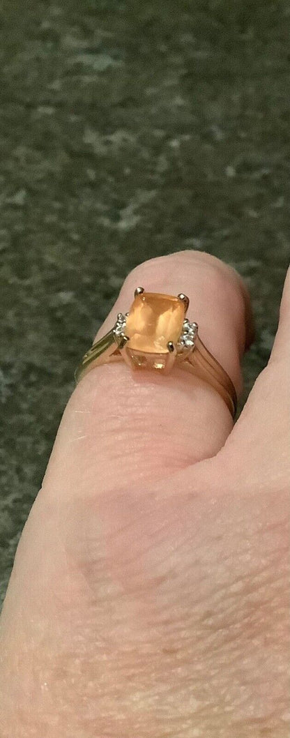 9ct pale orange gemstone ring with diamonds size N1/2 yellow gold