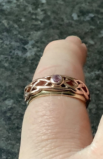 Clogau 9ct Pink Sapphire Celtic Lovers Weave ring size M yellow and rose gold
