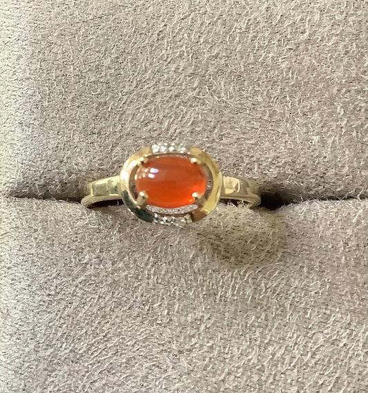 9ct fire opal cabochon and diamond ring size N1/2 yellow gold hallmarked
