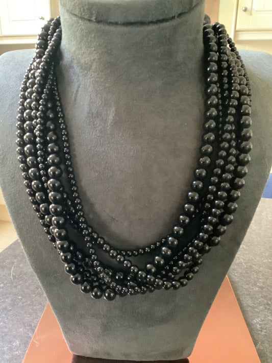 Heavy black 6 strand variable size bead necklace 19-21"