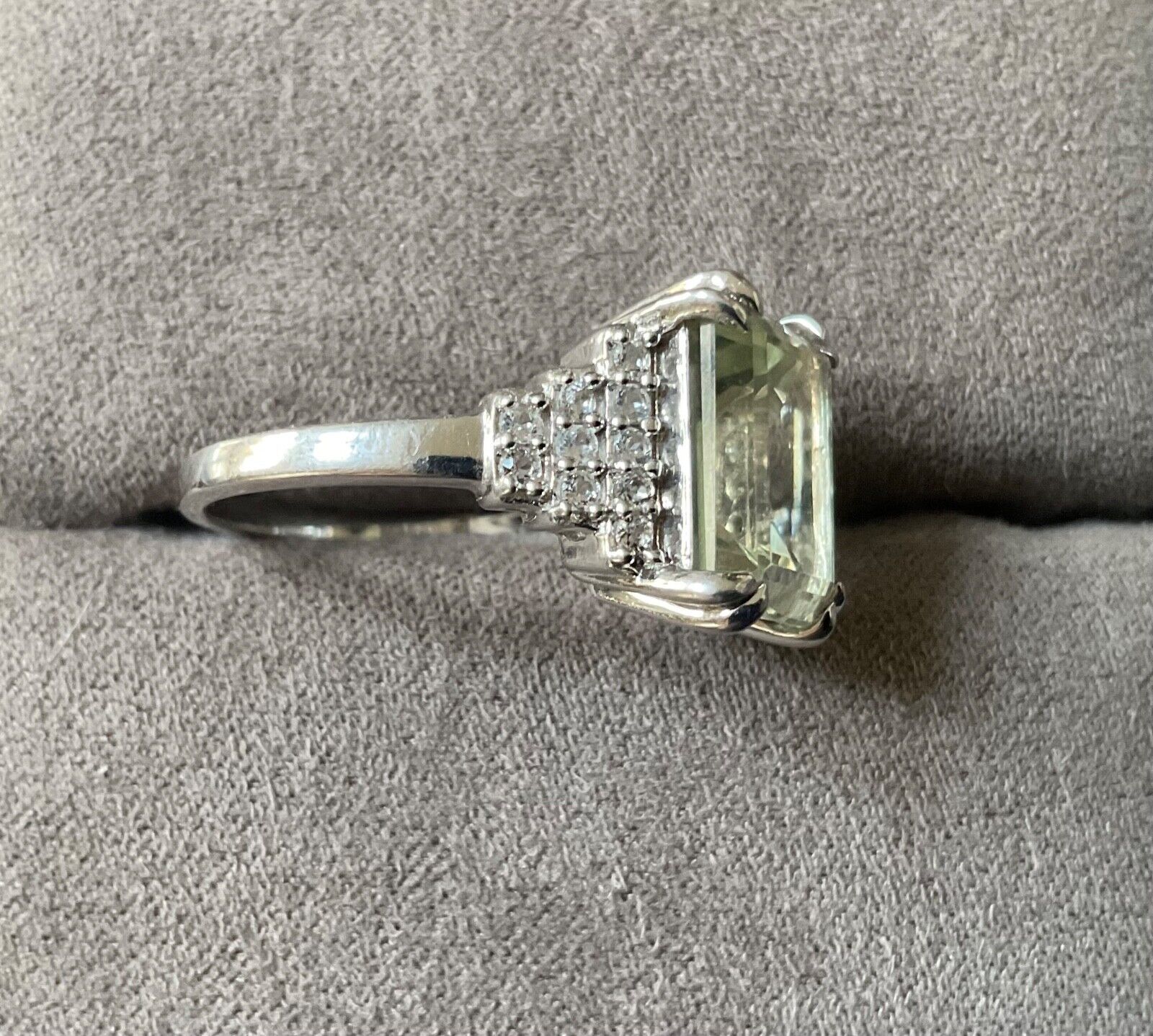 925 Green Amethyst & Zircon emerald cut & stepped shoulders ring R-R1/2 silver