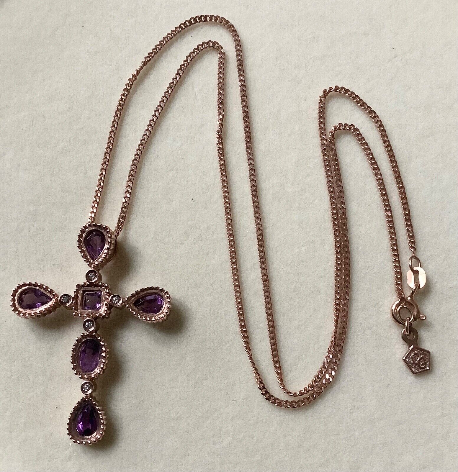 Clogau 9ct Amethyst and Diamond rose gold cross pendant necklace 18"