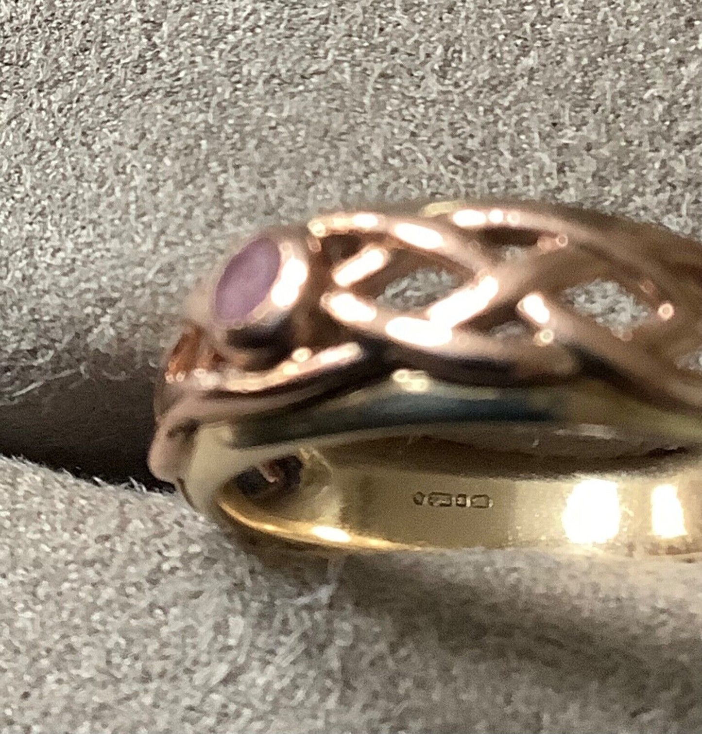 Clogau 9ct Pink Sapphire Celtic Lovers Weave ring size M yellow and rose gold