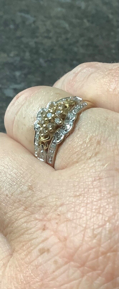 9ct white and champagne diamond cluster ring size S1/2 yellow gold