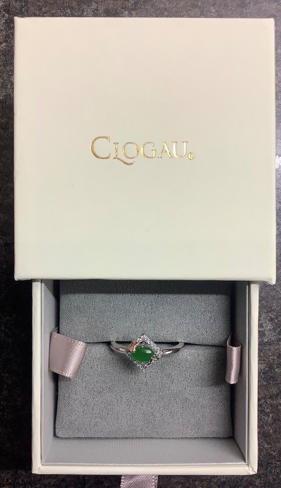 Clogau Ivy Leaves green jasper and white topaz ring size Q silver and rose gold