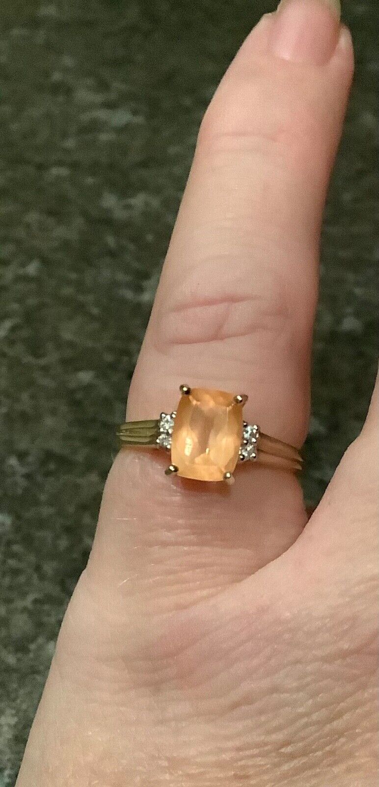 9ct pale orange gemstone ring with diamonds size N1/2 yellow gold