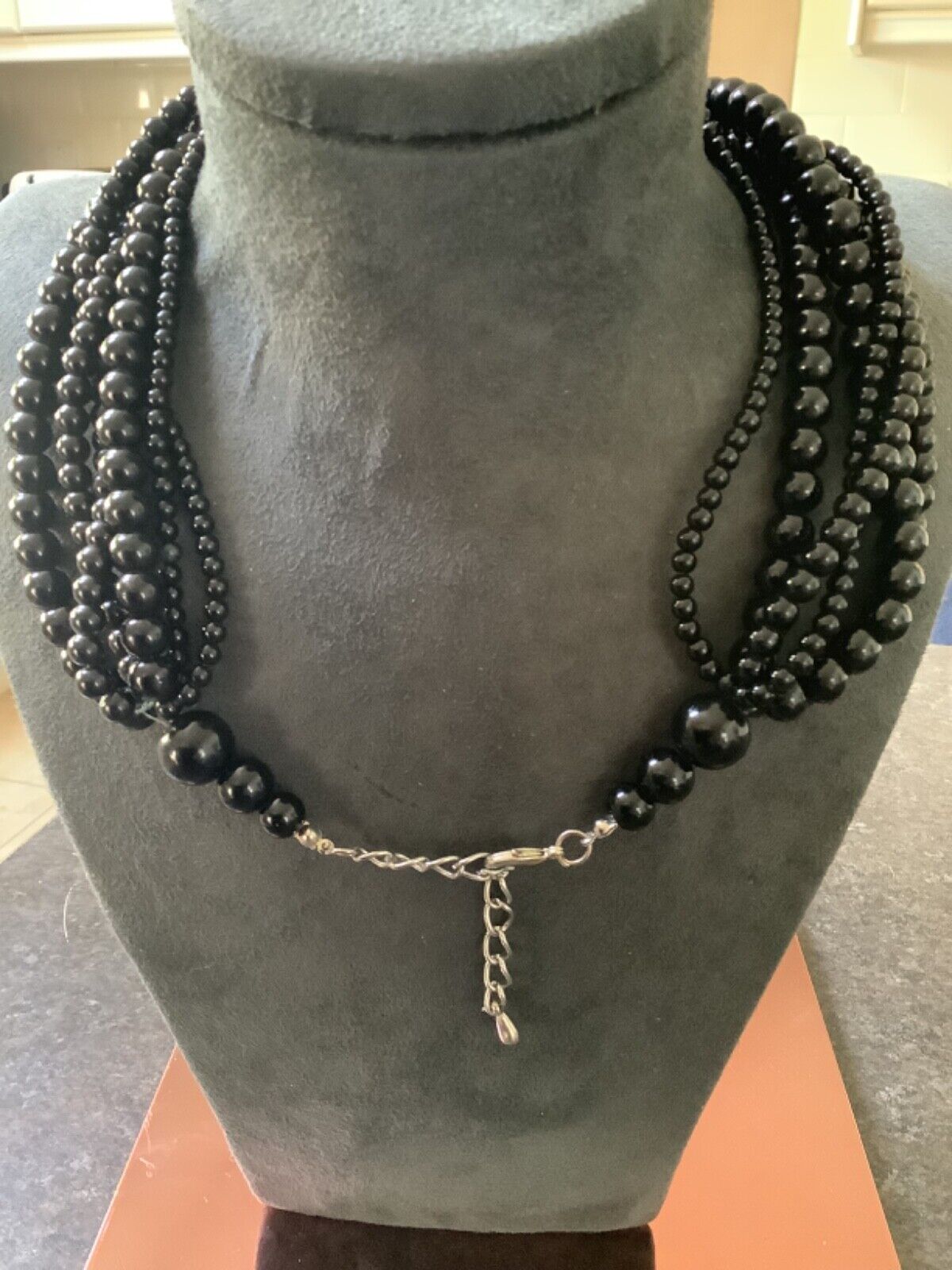 Heavy black 6 strand variable size bead necklace 19-21"