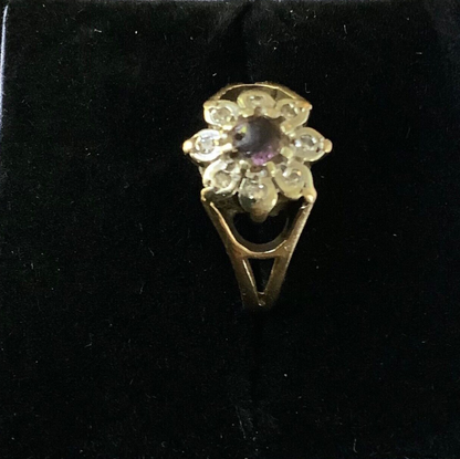 9ct amethyst and diamond vintage flower ring size K1/2 READ DESCRIPTION!