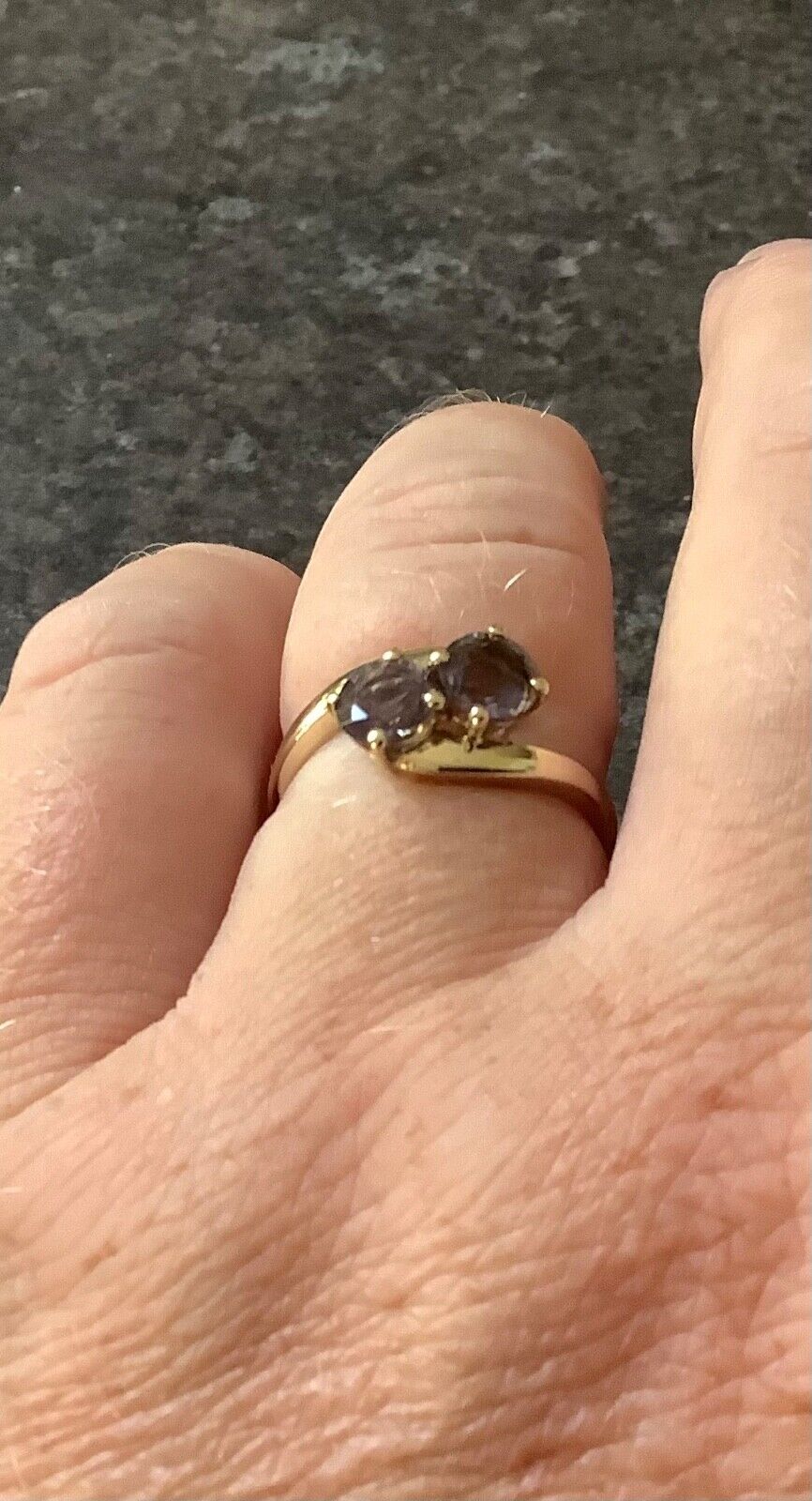 Stunning 9ct purple gemstone iolite? Toi et Moi ring size P yellow gold