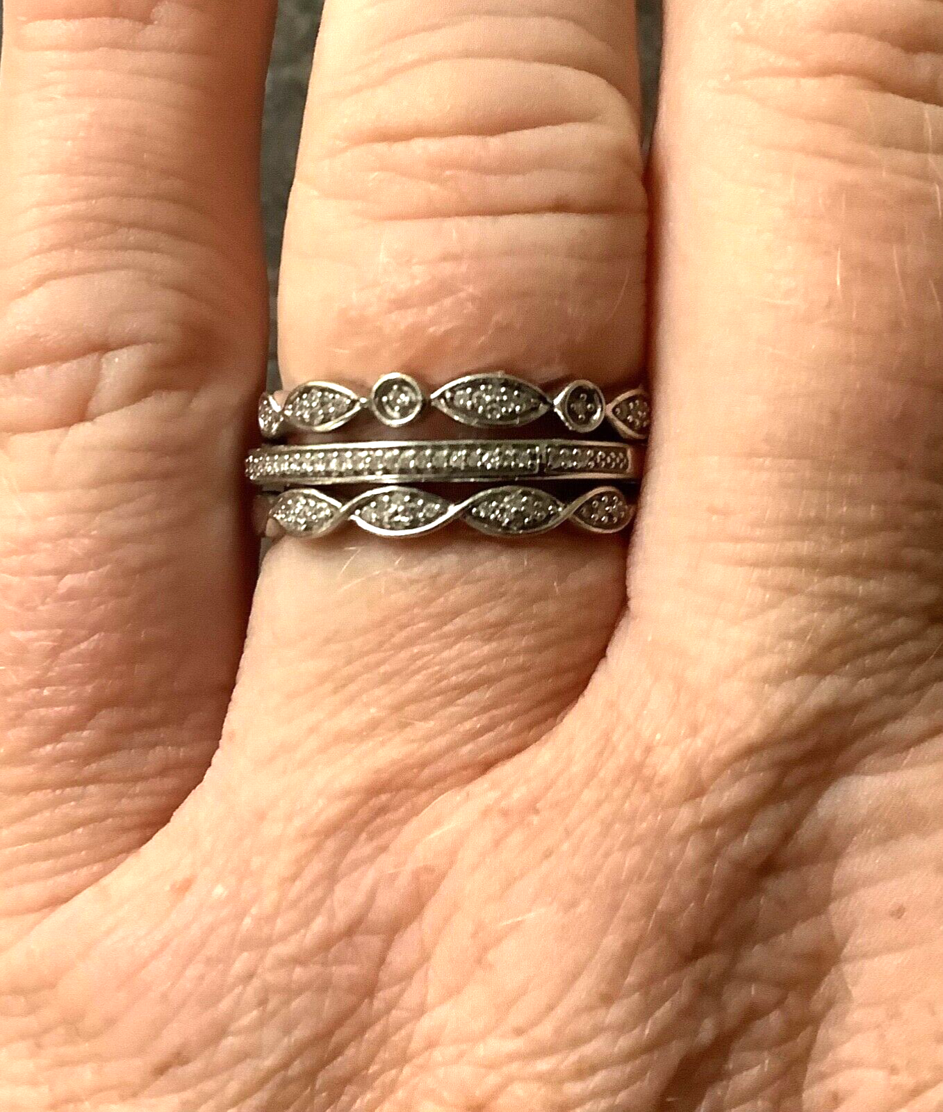9ct white gold 0.15ct natural diamond 3 stacking rings size O1/2 - P RRP £699