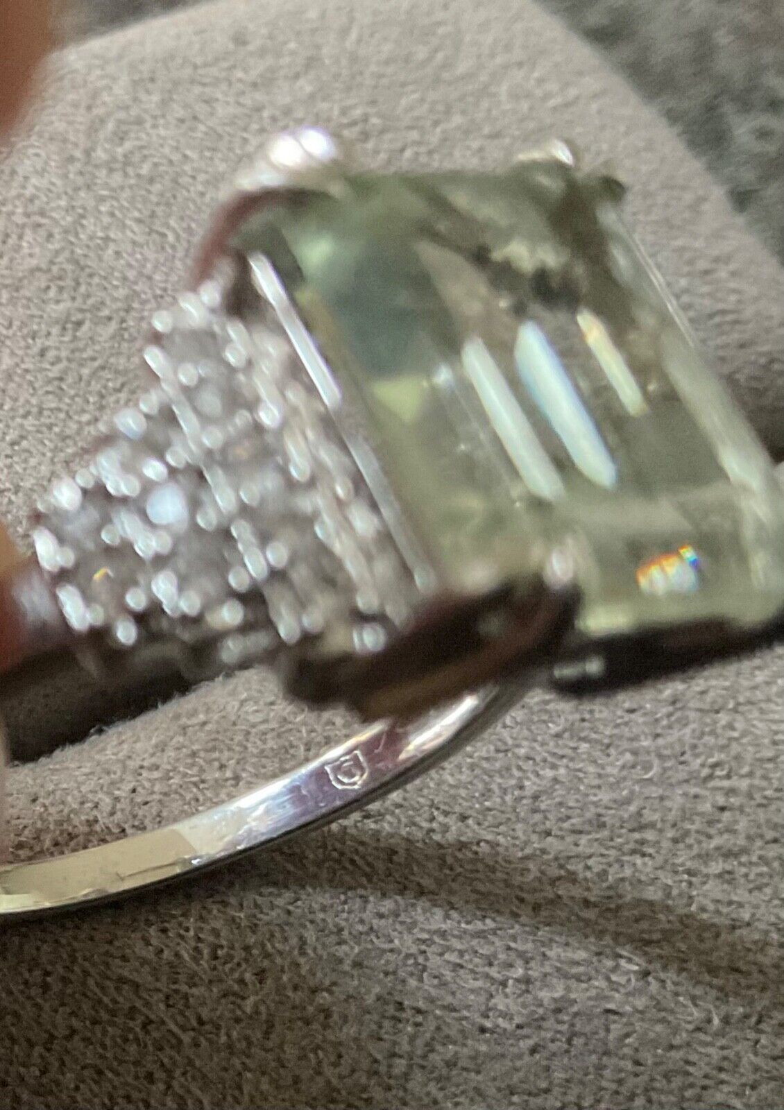 925 Green Amethyst & Zircon emerald cut & stepped shoulders ring R-R1/2 silver