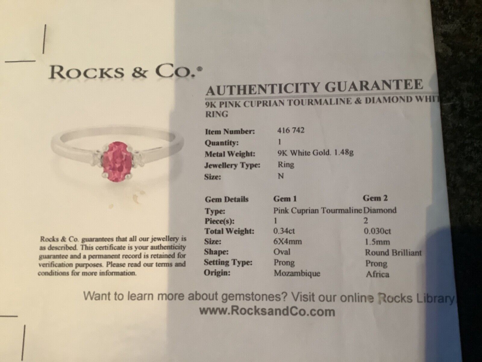 9ct Pink Cuprian Tourmaline and diamond ring size N-N1/2 white gold certificate