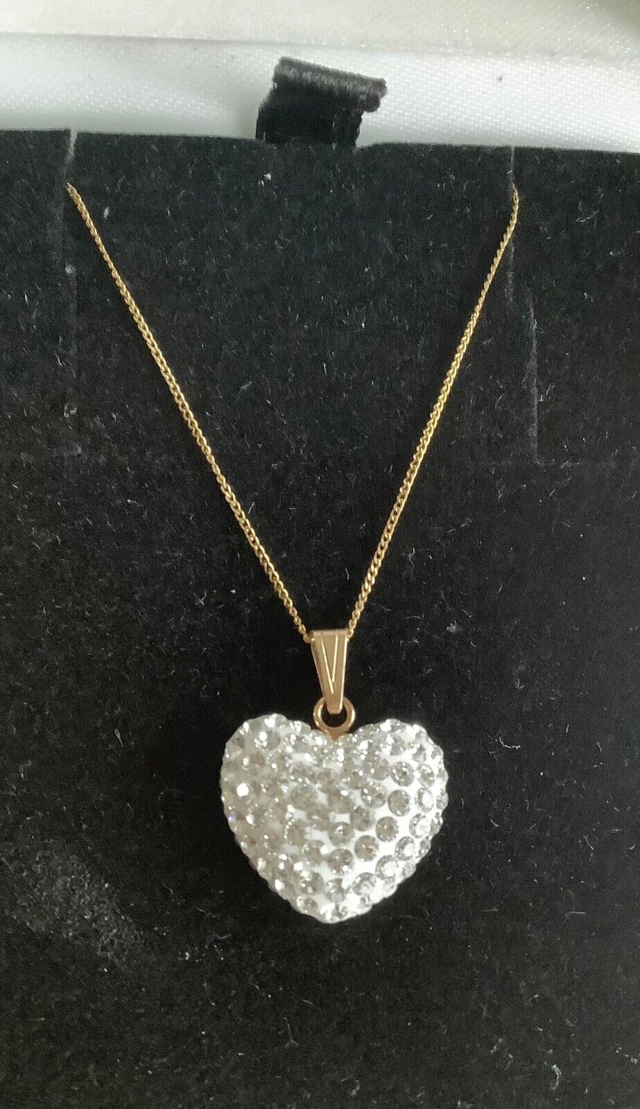 9ct 3D glitter crystal double sided heart pendant 9ct gold chain 18" NOT COSTUME