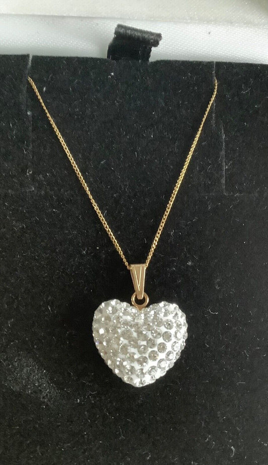 9ct 3D glitter crystal double sided heart pendant 9ct gold chain 18" NOT COSTUME
