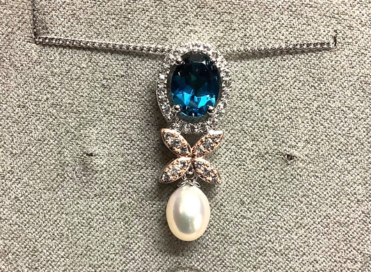 Clogau Queens Jubilee Superbloom Blue Topaz silver pearl necklace RRP £260
