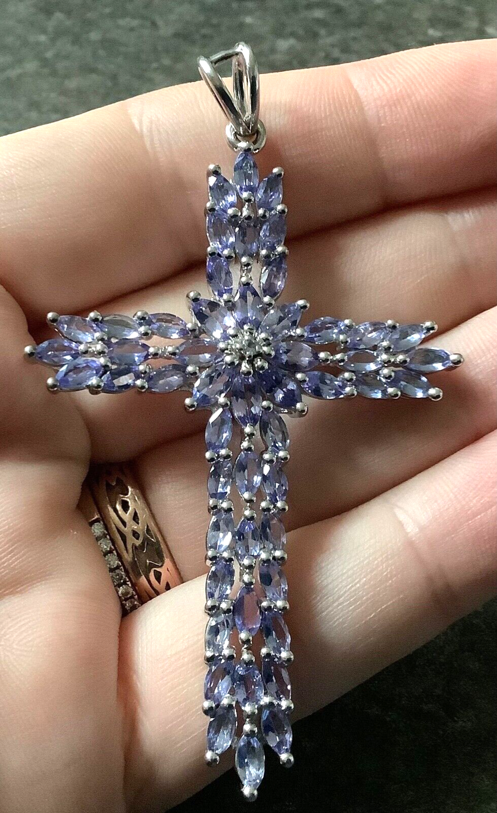 925 tanzanite cluster large cross pendant sterling silver TGGC 7.5x4.5cm