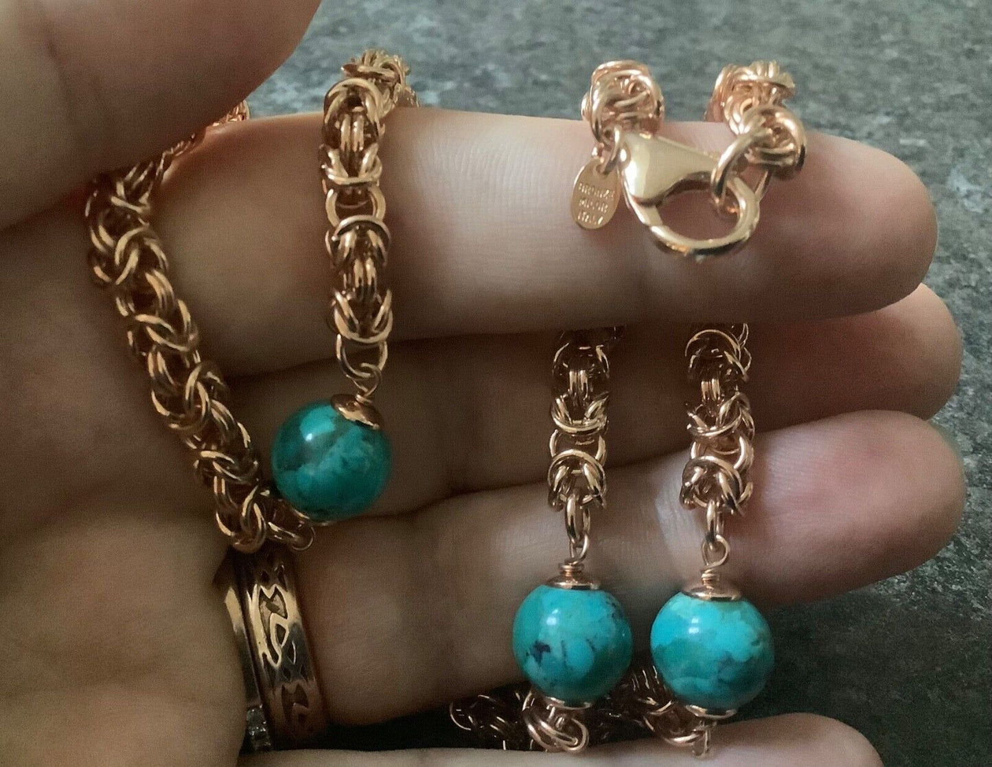 BRONZE MILOR ITALY turquoise colour bead byzantine rose gold tone necklace 19”