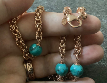 BRONZE MILOR ITALY turquoise colour bead byzantine rose gold tone necklace 19”