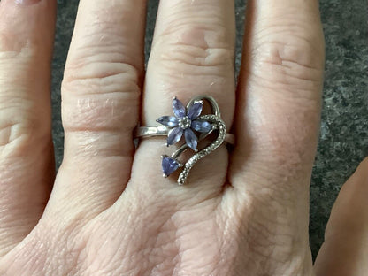 925 silver Natural tanzanite and diamond floral swirl ring size V