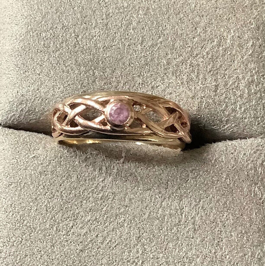 Clogau 9ct Pink Sapphire Celtic Lovers Weave ring size M yellow and rose gold