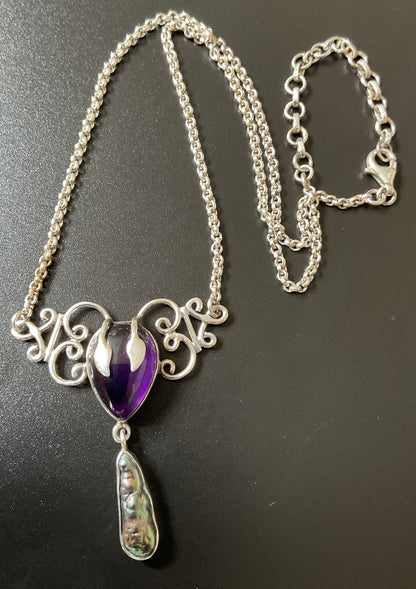 925 Amethyst and Peacock Baroque Pearl necklace 16-19” Art Nouveau Elven style necklet