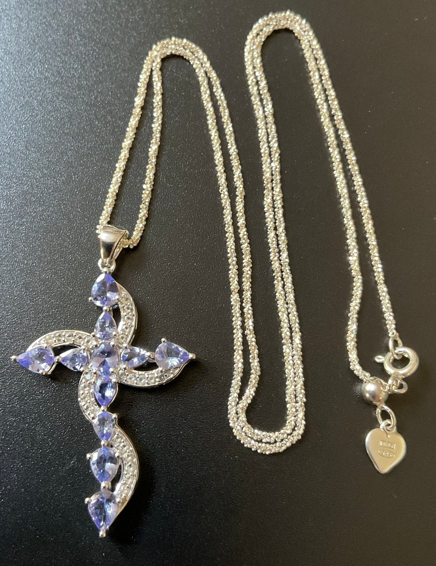 925 Tanzanite and Zircon Cross pendant on 20” Italy 925 sparkle chain