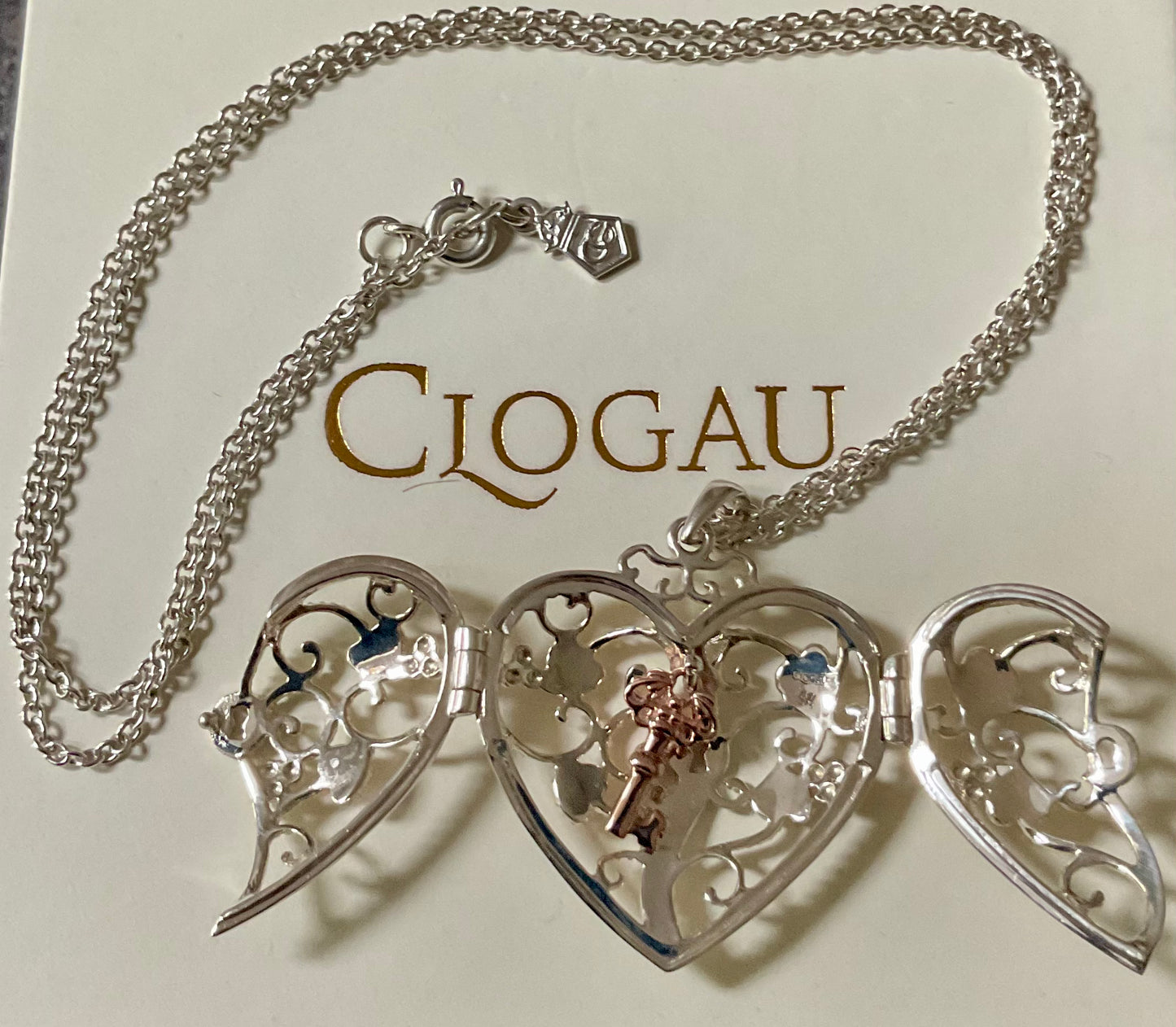 Clogau Kensington Key to My Heart Large locket pendant necklace 18” in silver and rose gold