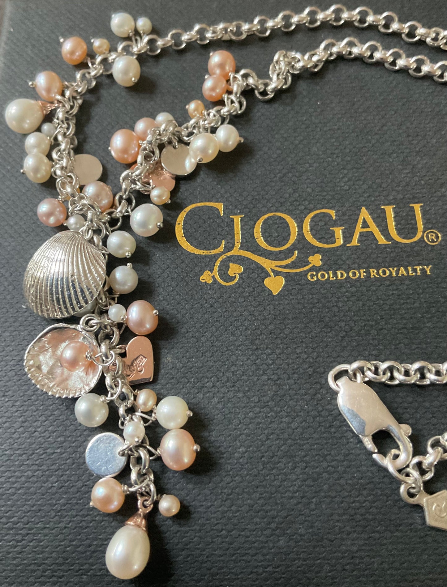 Clogau Beachcomber necklace peaches and cream pearl Y-necklace silver and rose gold 16”