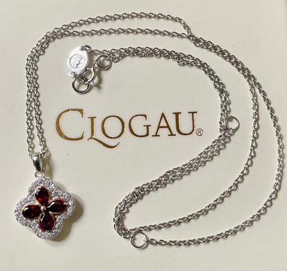 Clogau Tudor Court Garnet and White Topaz pendant 18-22” necklace in silver and rose gold