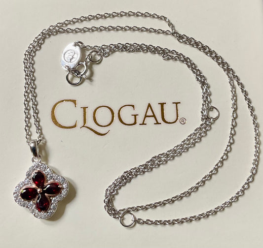 Clogau Tudor Court Garnet and White Topaz pendant 18-22” necklace in silver and rose gold