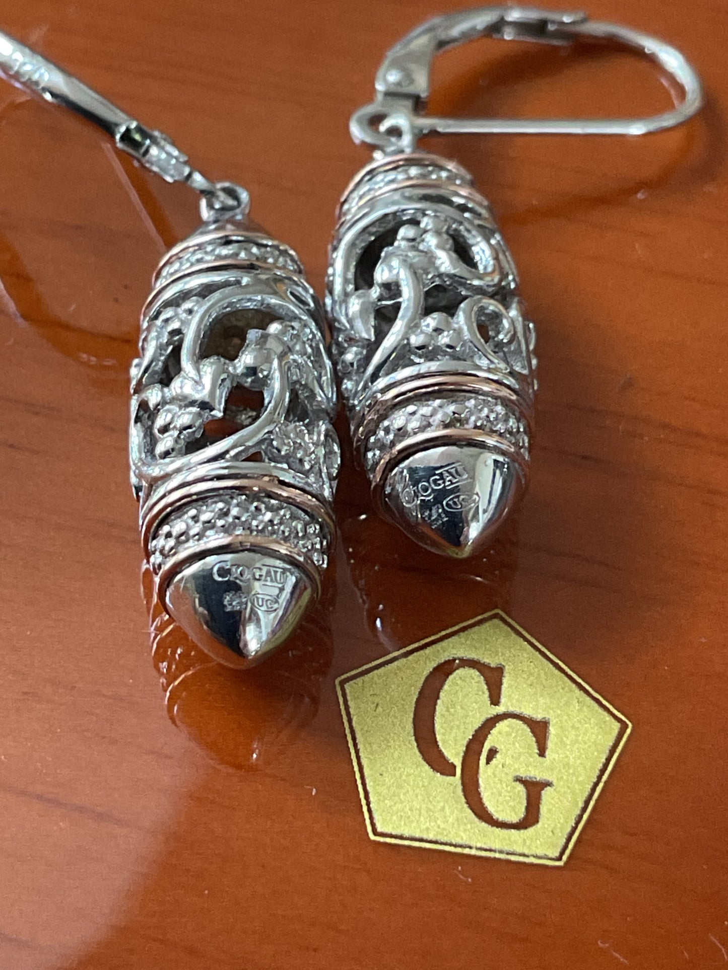 Clogau Am Byth Diamond Bullet Lozenge drop leverback earrings in silver and rose gold
