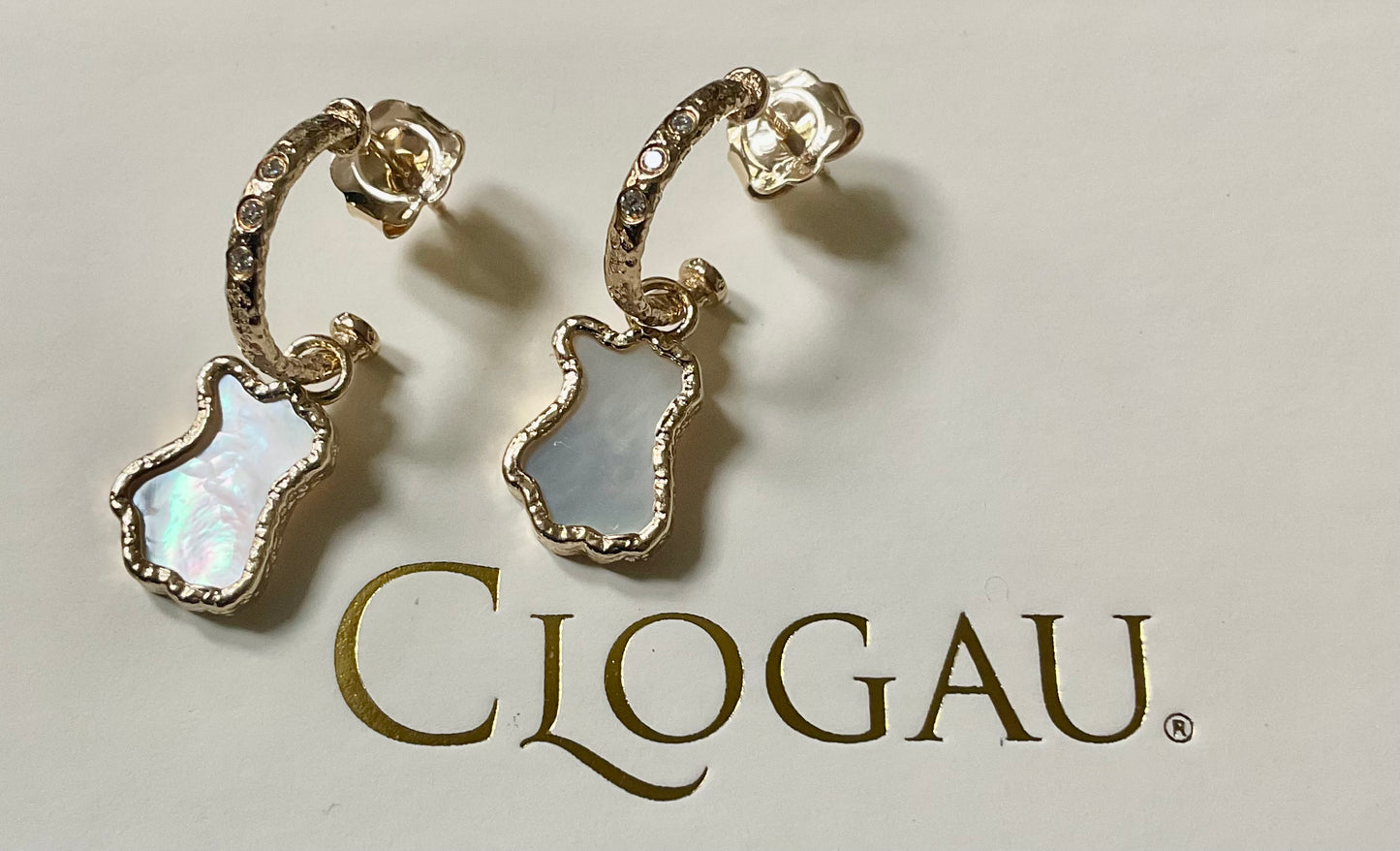 Clogau 9ct Lady of Luck Diamond and Mother of Pearl hoop earrings in yellow gold RRP £690